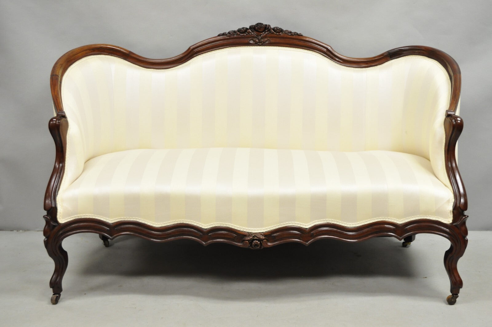 Antique Victorian French Rococo Carved Mahogany Upholstered Loveseat Parlor Sofa