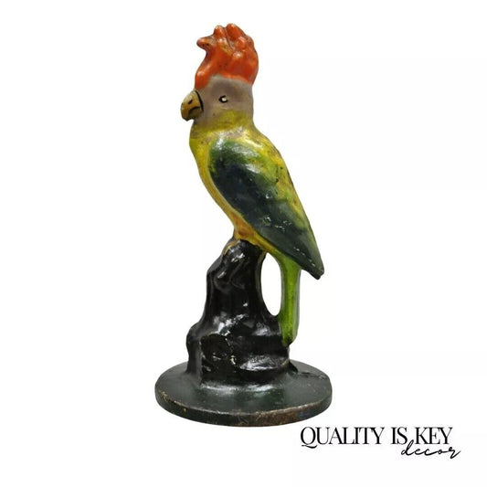 Antique Cast Iron Hand Painted 7" Cockatoo Parrot Figurine Bookend Doorstop