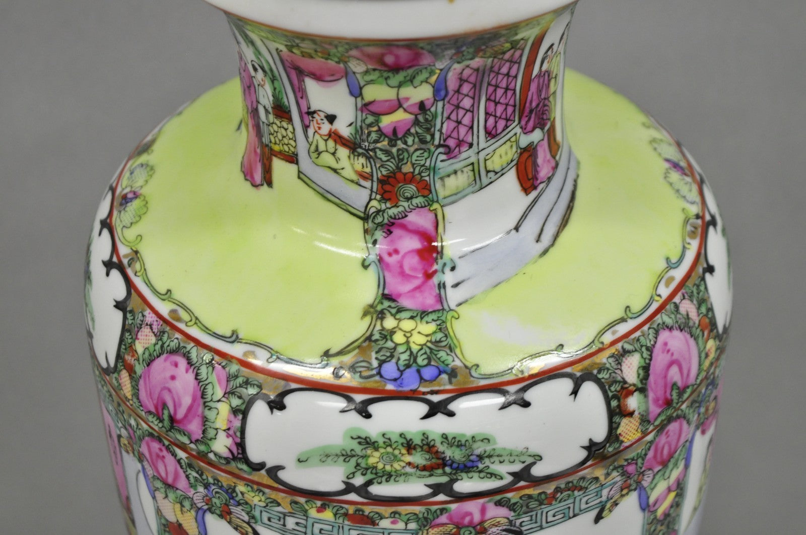 Vintage Chinese Porcelain Jardiniere Vase Hand Painted Green White Table Lamp