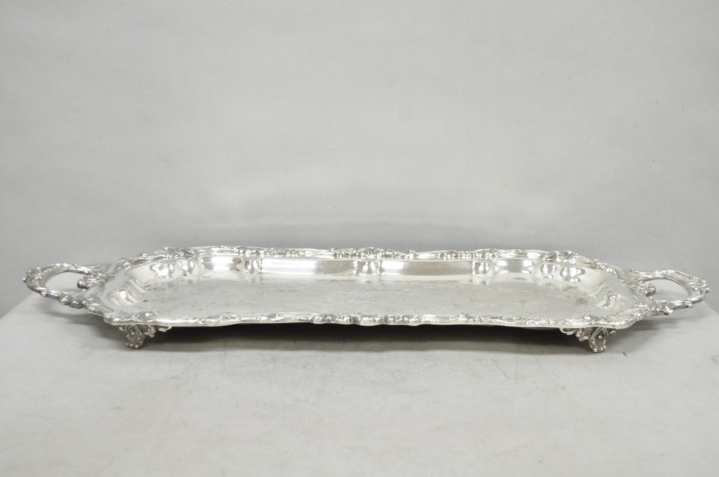 Vintage Sheffield Baroque Silver Plated Long Narrow Serving Platter Bar Tray