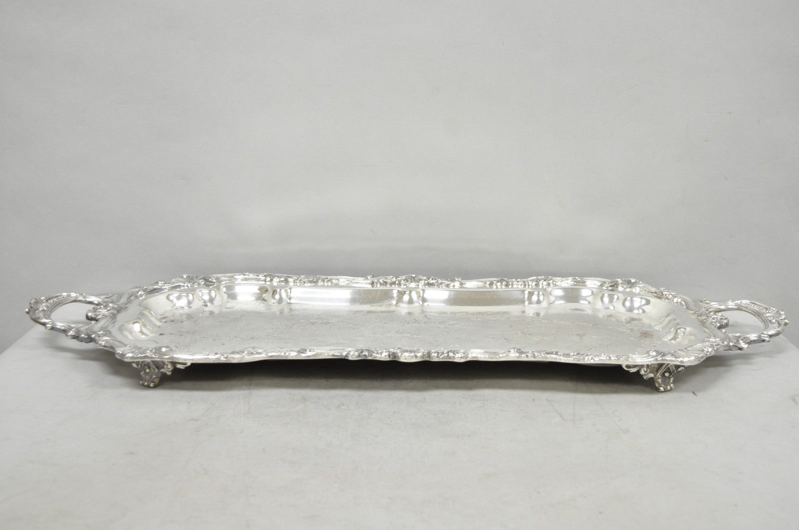 Vintage Sheffield Baroque Silver Plated Long Narrow Serving Platter Bar Tray