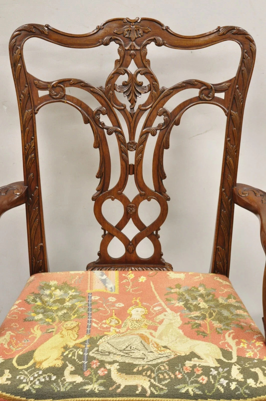 Maitland Smith Georgian Carved Mahogany Needlepoint Dining Arm Chairs - a Pair