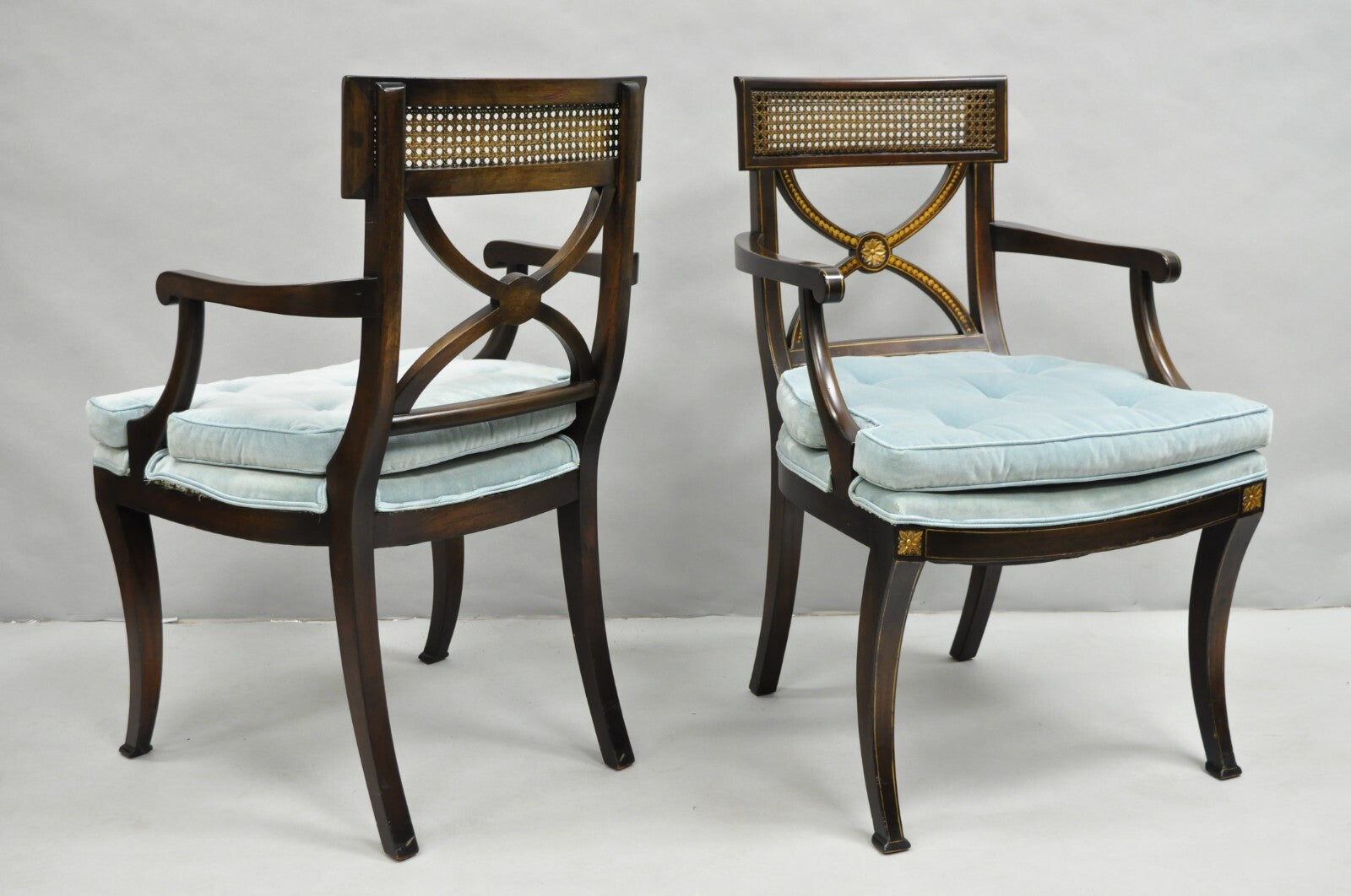 Vintage English Regency Style Mahogany Saber Leg Cane Back Arm Chairs - a Pair