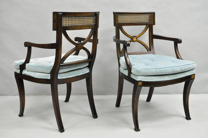 Vintage English Regency Style Mahogany Saber Leg Cane Back Arm Chairs - a Pair