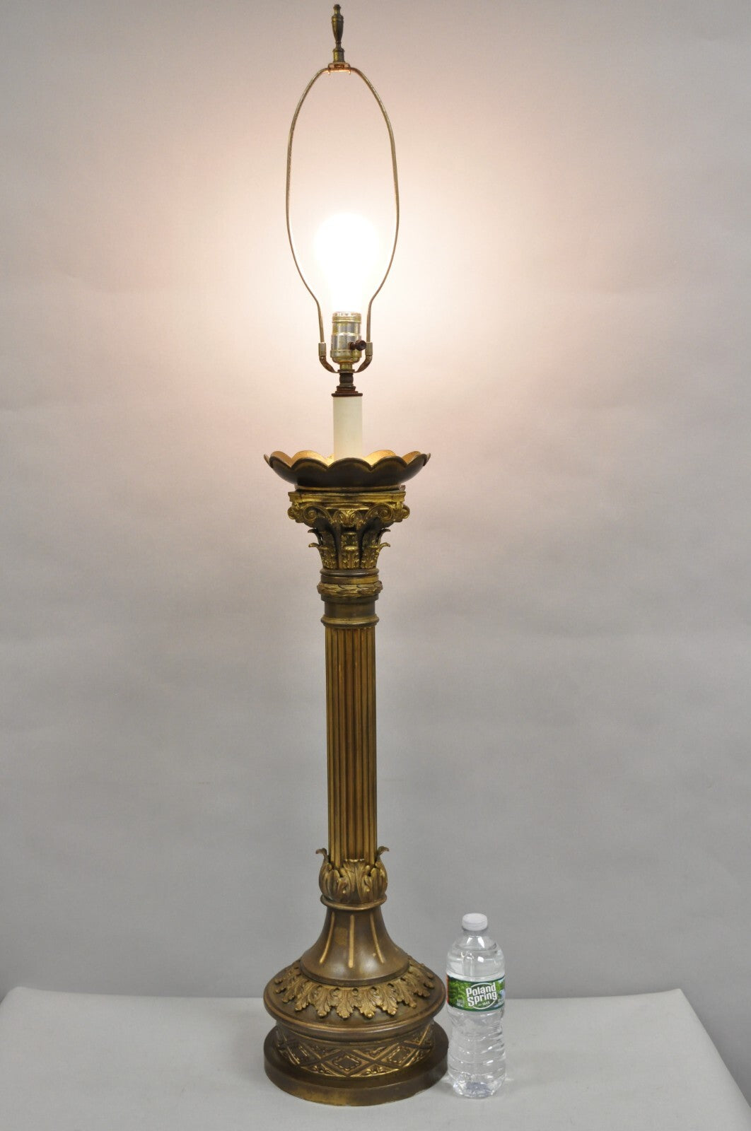 Antique French Empire Patinated Bronze Corinthian Column Candlestick Table Lamp