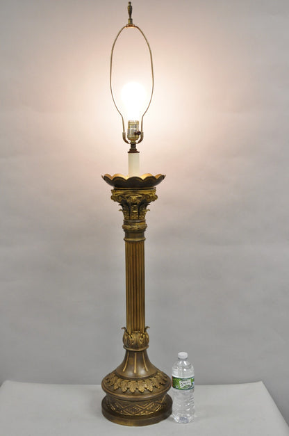 Antique French Empire Patinated Bronze Corinthian Column Candlestick Table Lamp
