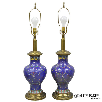 Vintage Chinoiserie Blue Enamel Chinese Brass Jardinierie Table Lamps - a Pair