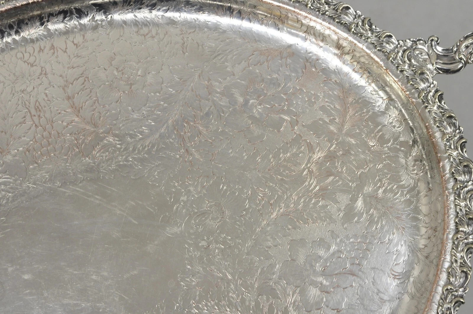 Antique English Victorian Silver Plated Repousse Oval Serving Platter Bar Tray