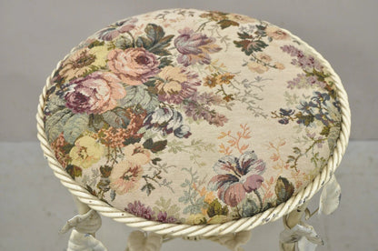 Vintage Italian Hollywood Regency White Metal Rope Floral Vanity Bench Stool