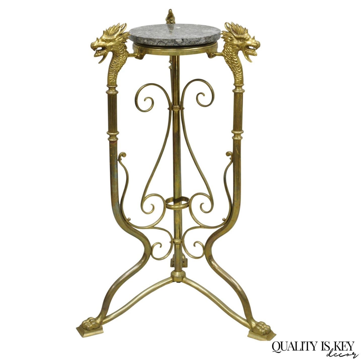 Antique Italian Renaissance Brass Figural Dragon Head Pedestal Table Plant Stand