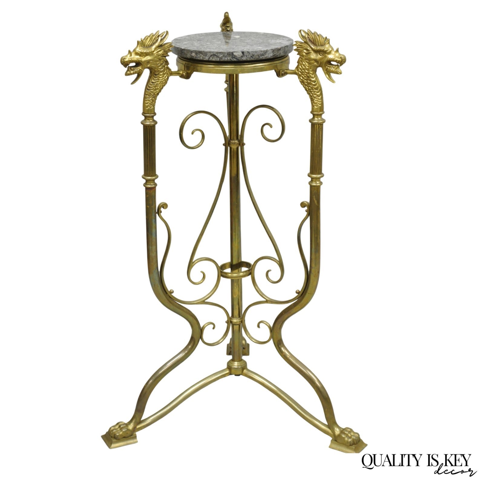 Antique Italian Renaissance Brass Figural Dragon Head Pedestal Table Plant Stand