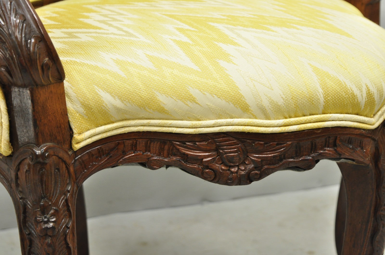 Antique French Louis XV Style Carved Walnut Yellow Fabric Boudoir Lounge Chair