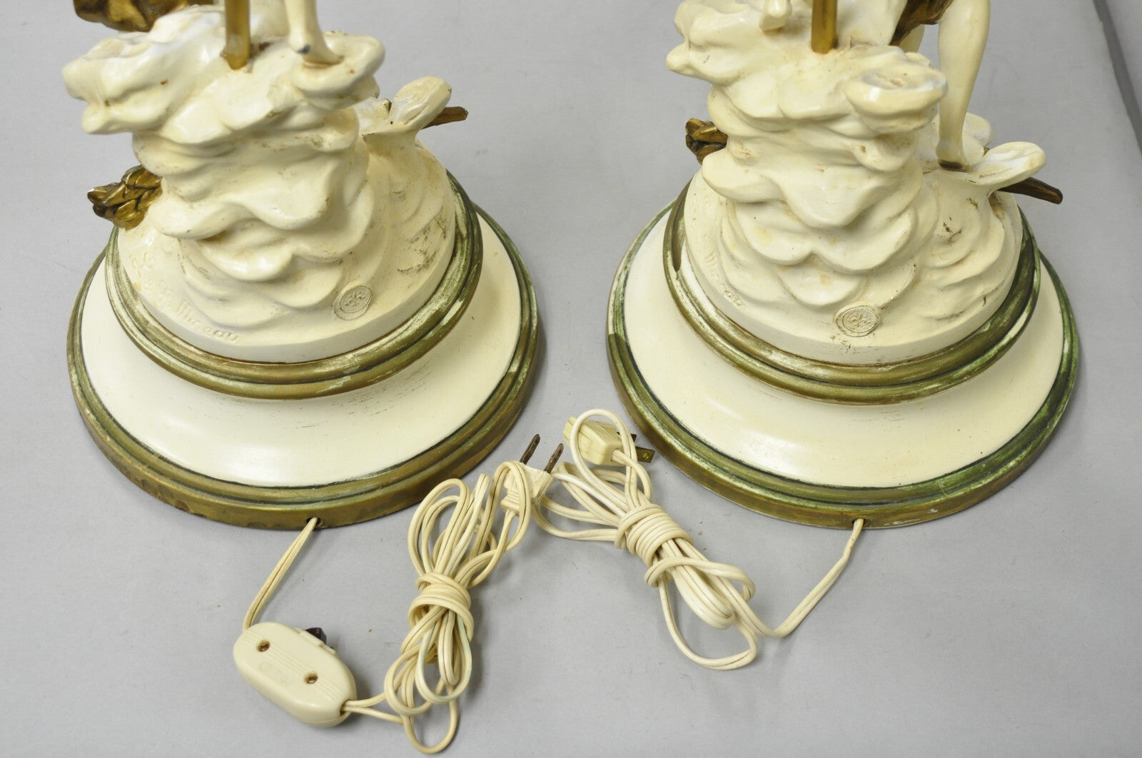 Antique L&F Moreau Spelter Metal Painted Figural Boy and Girl Table Lamp - Pair