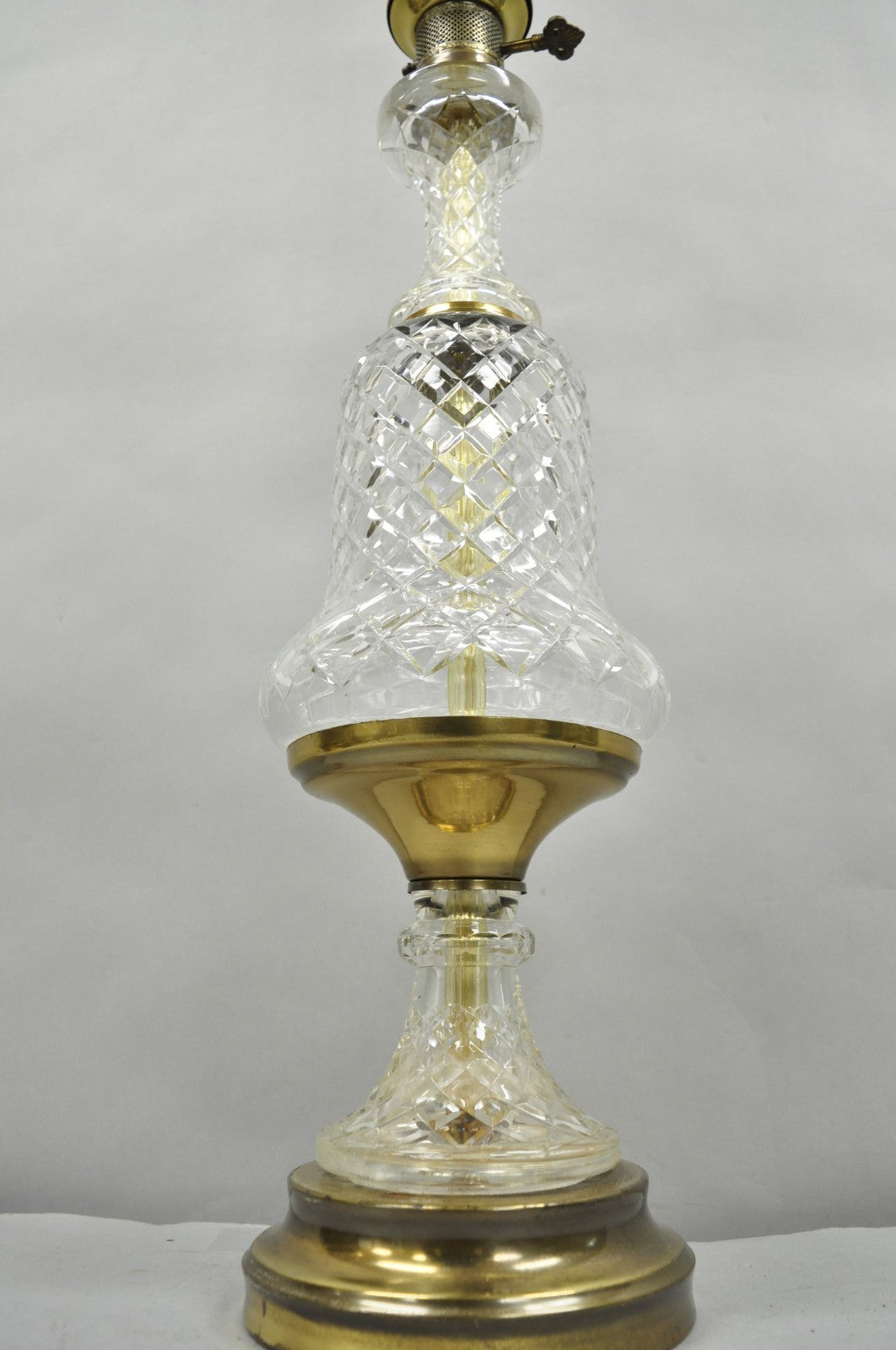 Vintage French Empire Style Crystal Glass Column Brass "Oil Lamp" Table Lamp