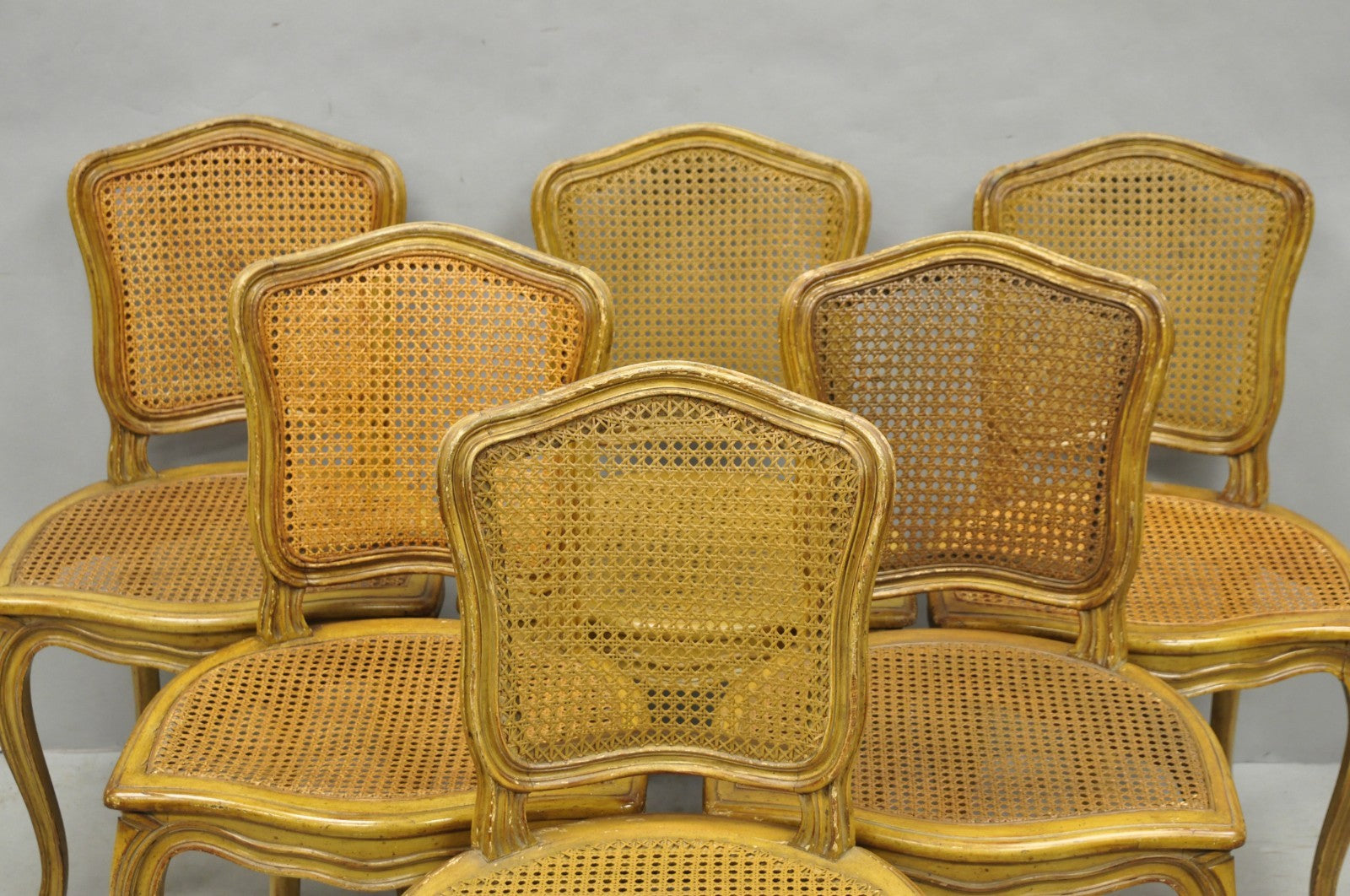 Vintage French Provincial Louis XV Style Cane Dining Side Chairs - Set of 6