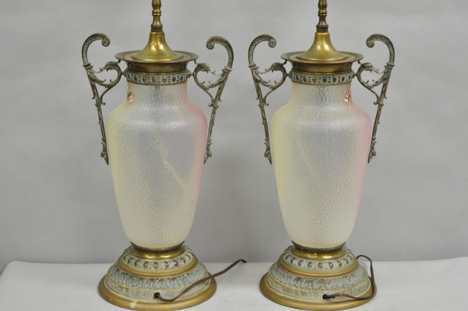 Antique English Victorian Rainbow Glass Hand Painted Birds Table Lamp - a Pair