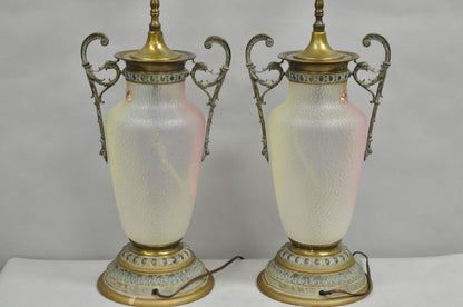 Antique English Victorian Rainbow Glass Hand Painted Birds Table Lamp - a Pair