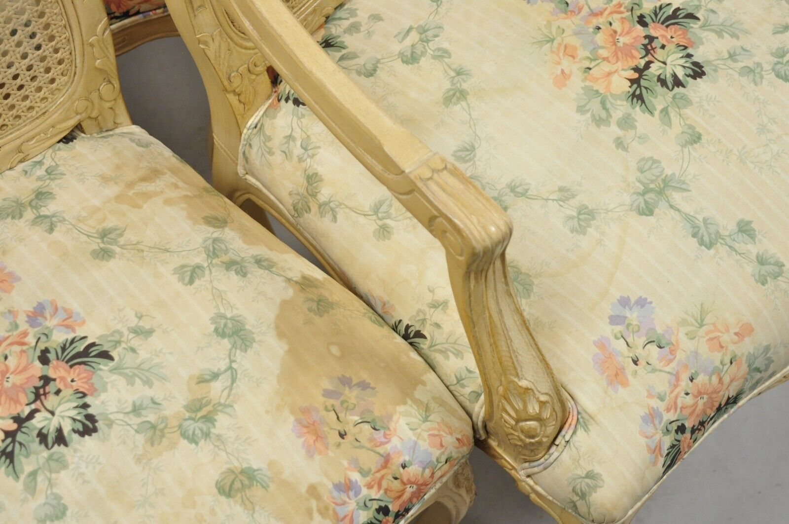 Vintage French Louis XV Provincial Style Cane Back Cream Dining Chairs- Set of 6