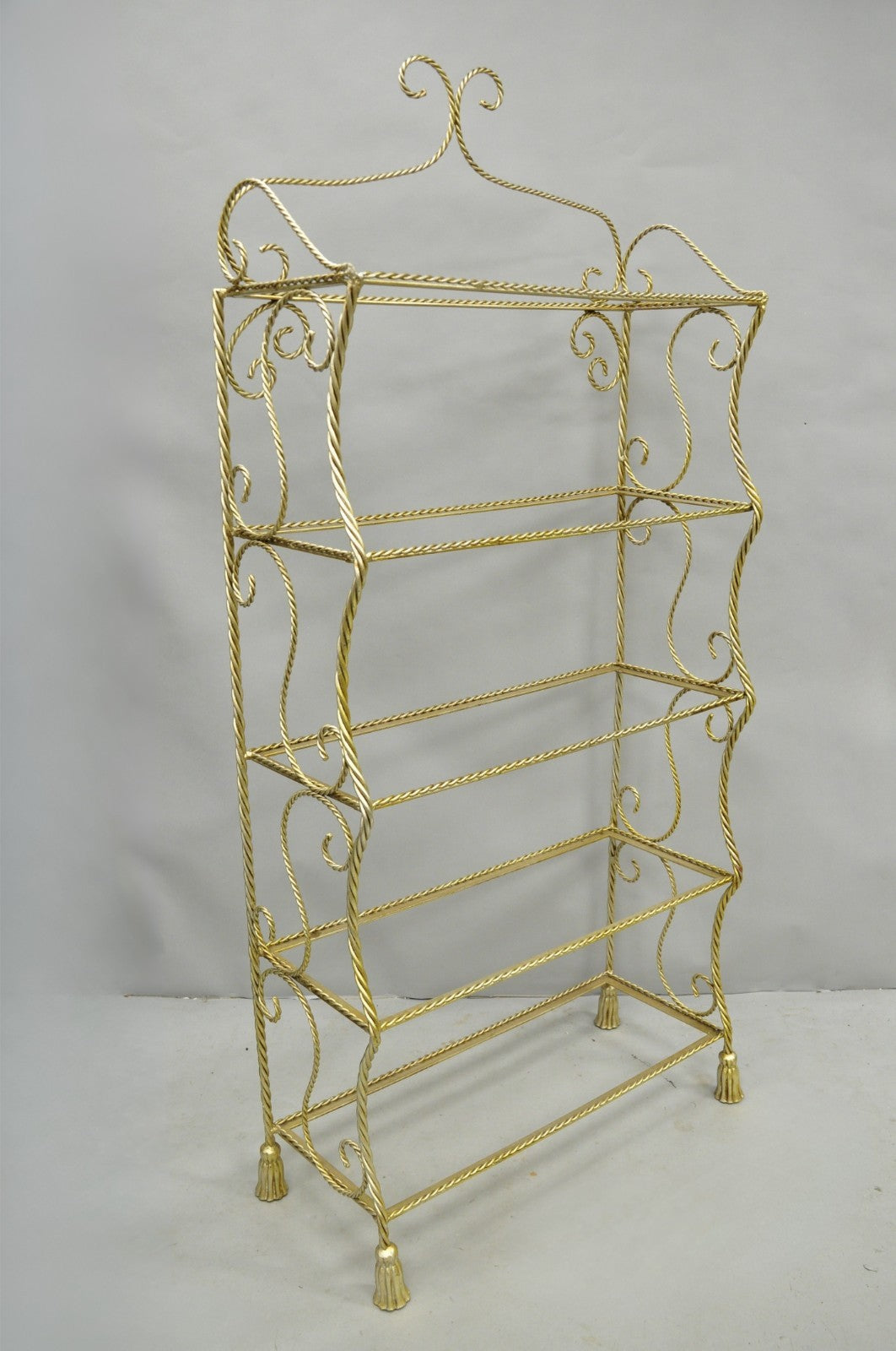Vintage Italian Hollywood Regency Silver Gilt Iron Rope & Tassel 5 Tier Etagere
