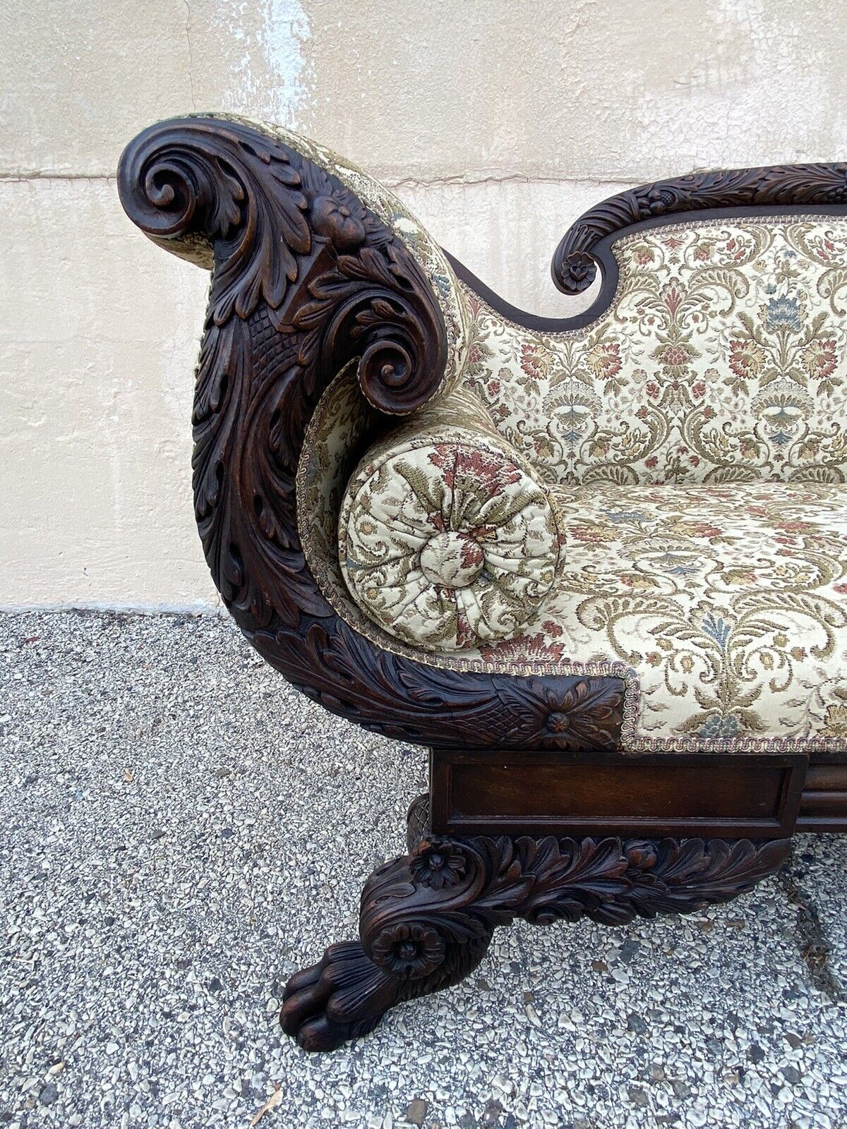 Antique American Empire Classical Carved Mahogany Paw Foot Cornucopia Arm Sofa