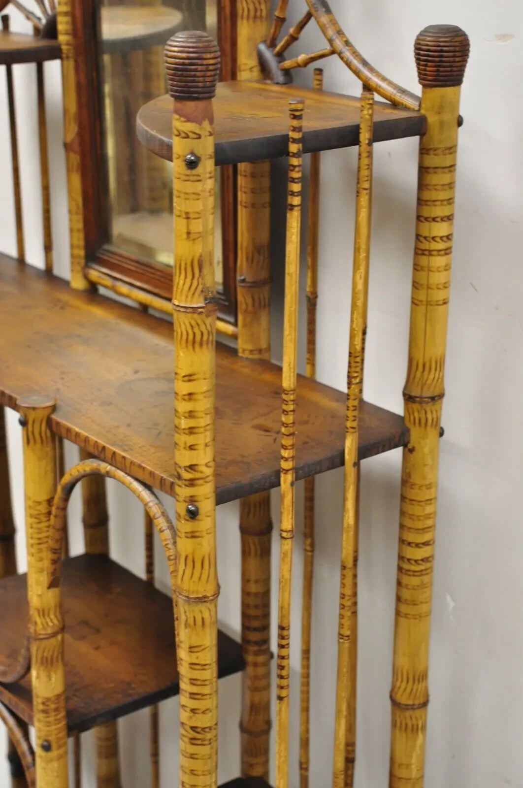 Antique English Victorian Bamboo Stick and Ball Curio Shelf Display Etagere