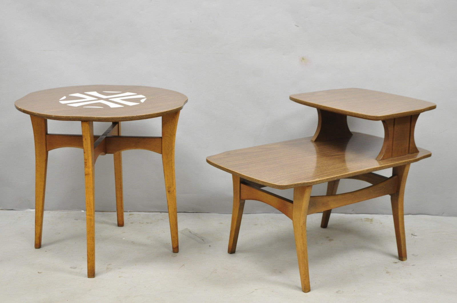 Vintage Mid Century Modern Walnut & Formica Round & Step Side Table Set - 2 pcs