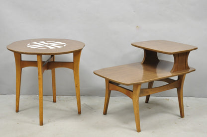 Vintage Mid Century Modern Walnut & Formica Round & Step Side Table Set - 2 pcs