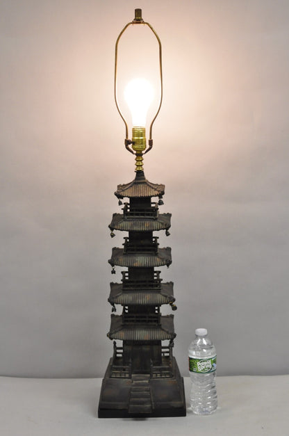 Vintage Chinoiserie Cast Iron Chinese Buddhist Pagoda Temple Table Lamp