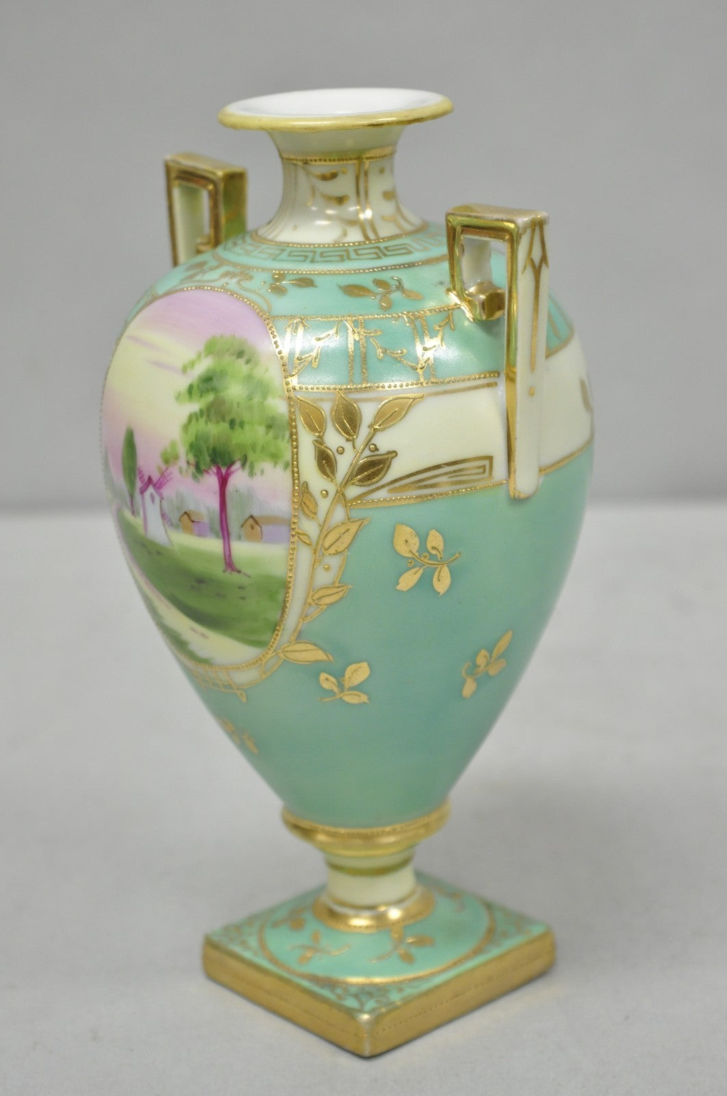 Antique Nippon Hand Painted Porcelain Windmill Scene Green Small Bolted Vase