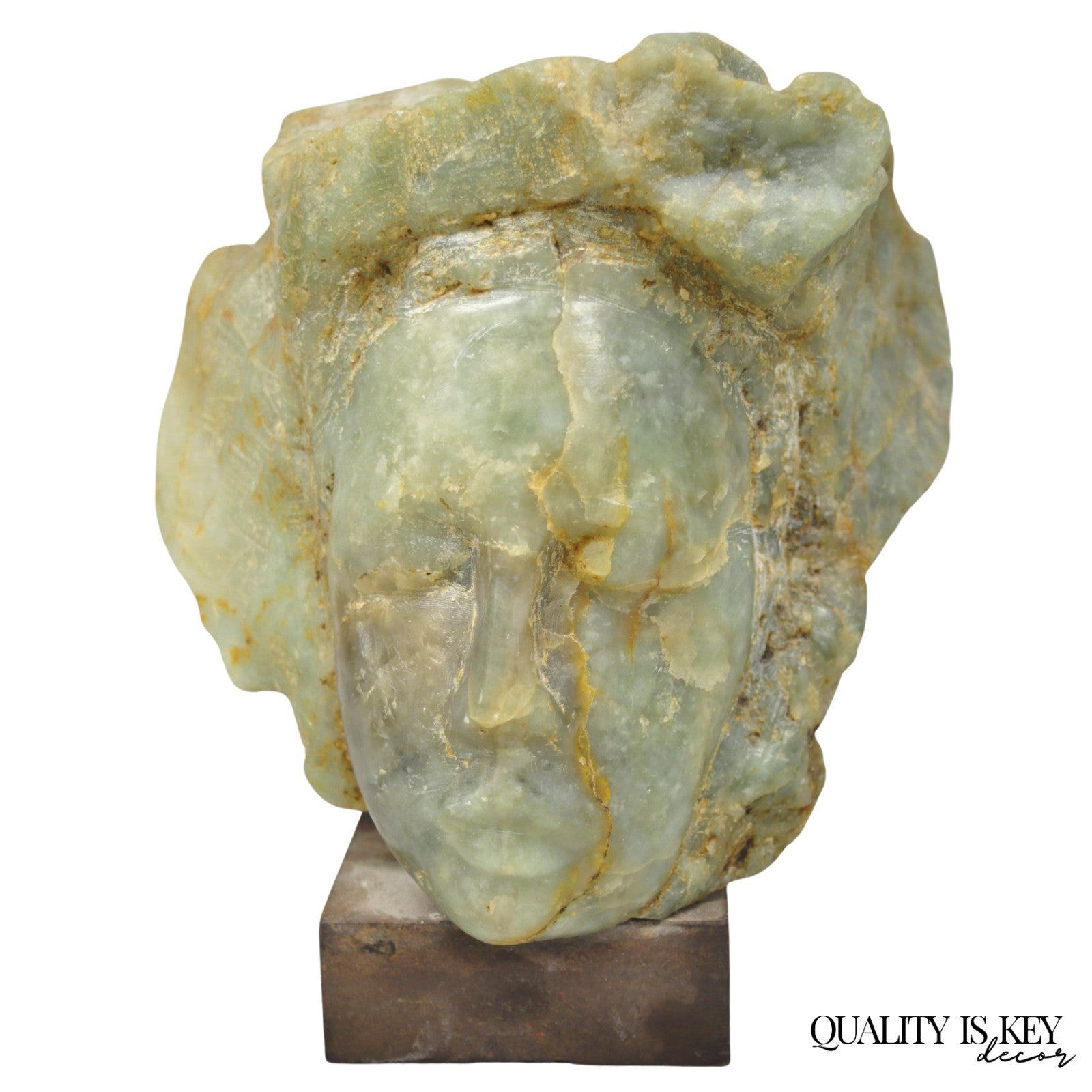 Vintage Chinese Carved Green Soapstone 8" Bust Head Small Figure Sculpture