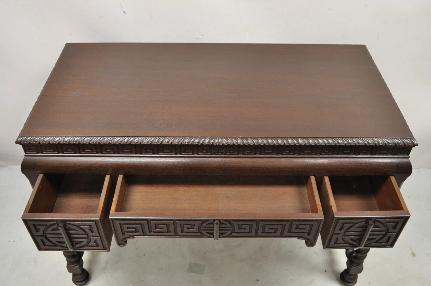 Antique Jacobean William and Mary Greek Key Carved Mahogany 3 Drawer Desk