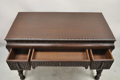 Antique Jacobean William and Mary Greek Key Carved Mahogany 3 Drawer Desk