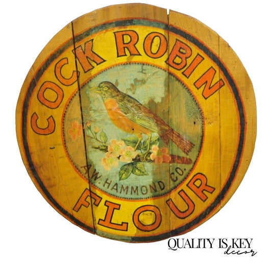 Vintage Cock Robin Flour AW Hammond Co Round Wood Advertisement Plaque