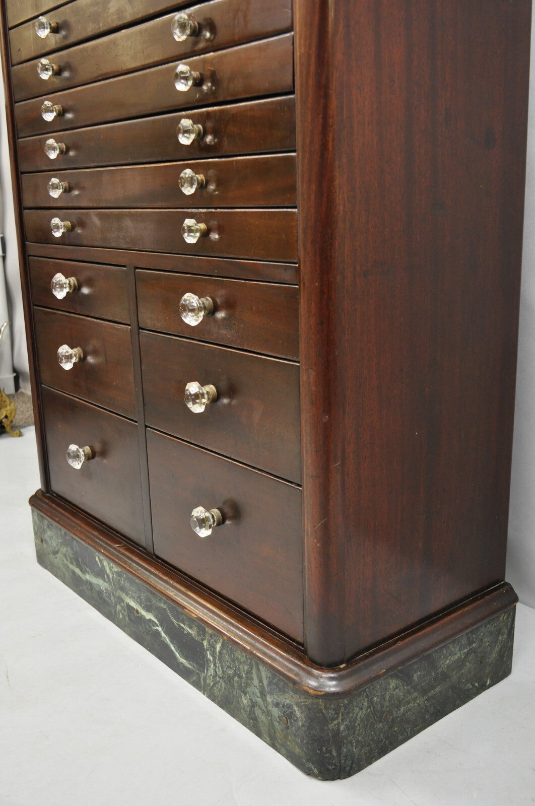 Antique Arts & Crafts Mahogany 15 Drawer Medical Dental Cabinet w/ Marble Base