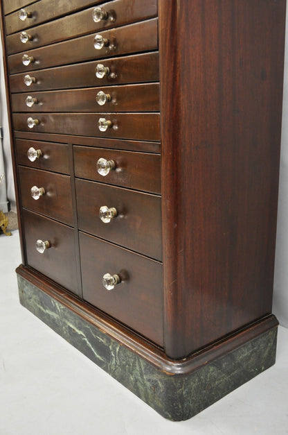 Antique Arts & Crafts Mahogany 15 Drawer Medical Dental Cabinet w/ Marble Base