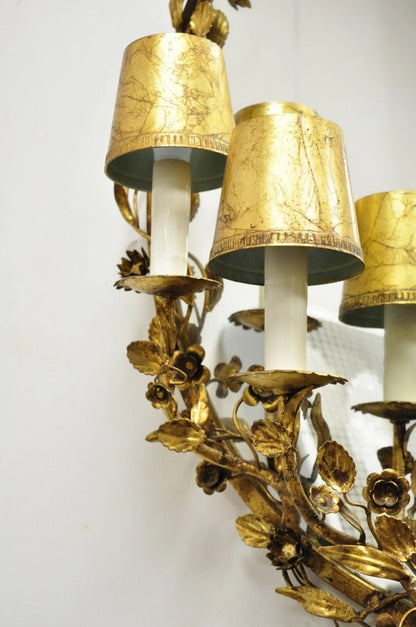 Vintage Italian Hollywood Regency Gold Gilt Iron Floral Wall Sconce Oval Mirror