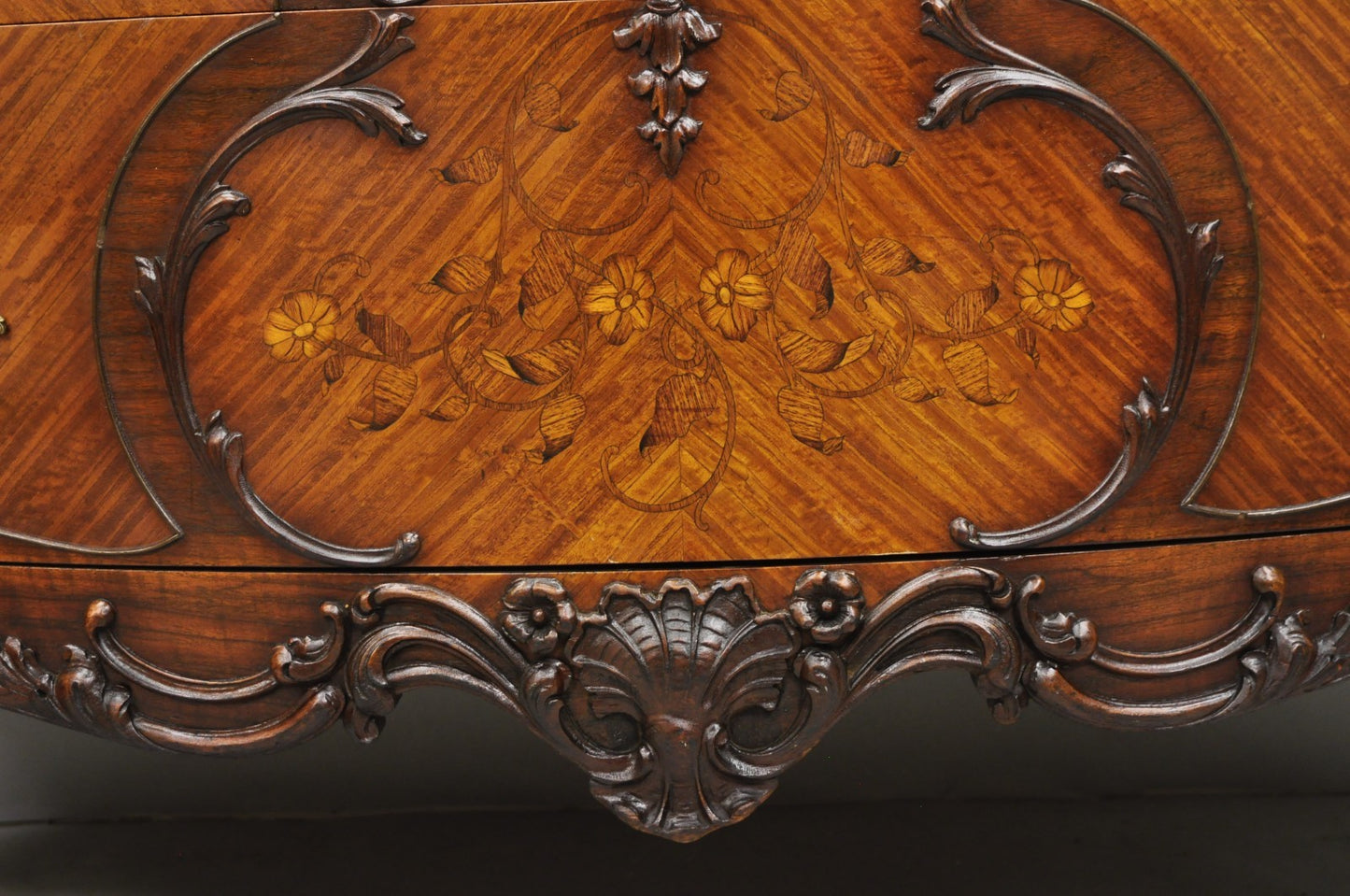 Antique French Louis XV Carved Walnut Inlaid Bombe Demilune Commode Dresser