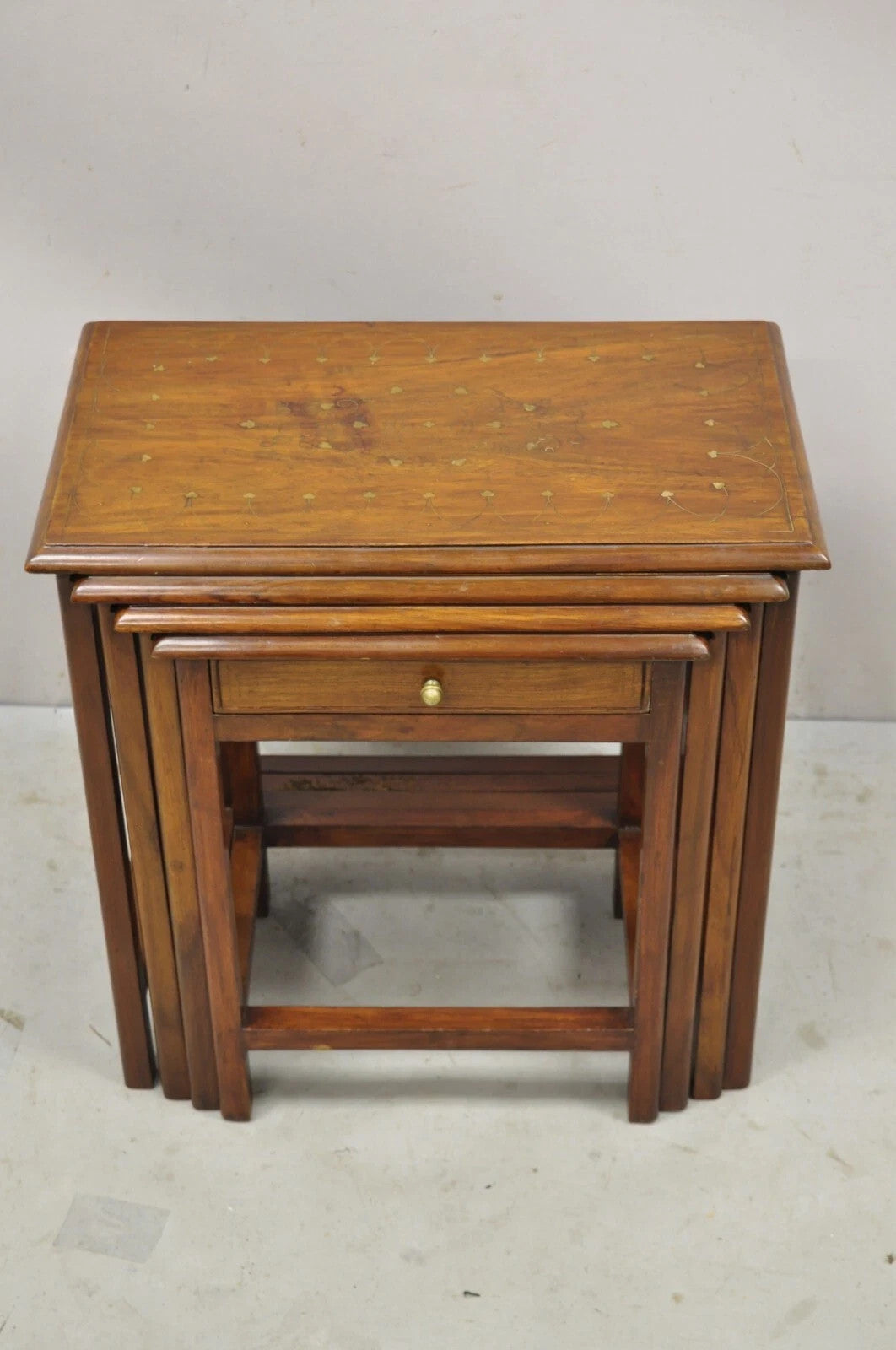 Antique Anglo Indian Brass Marquetry Inlay Nesting Side End Tables - Set of 4