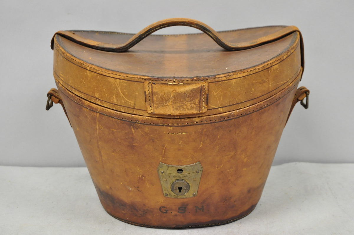 Antique Victorian Brown Leather Travel Case Hat Box w/ Miller of NY Silk Top Hat
