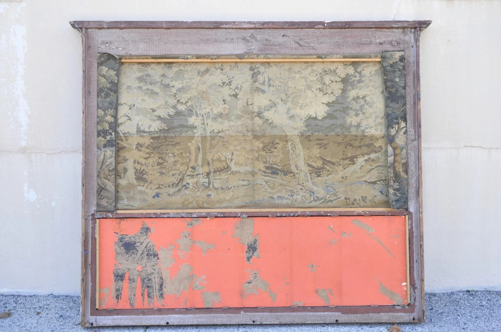 Antique French Tapestry Louis XV Rococo Carved Wood Overmantle Trumeau Mirror