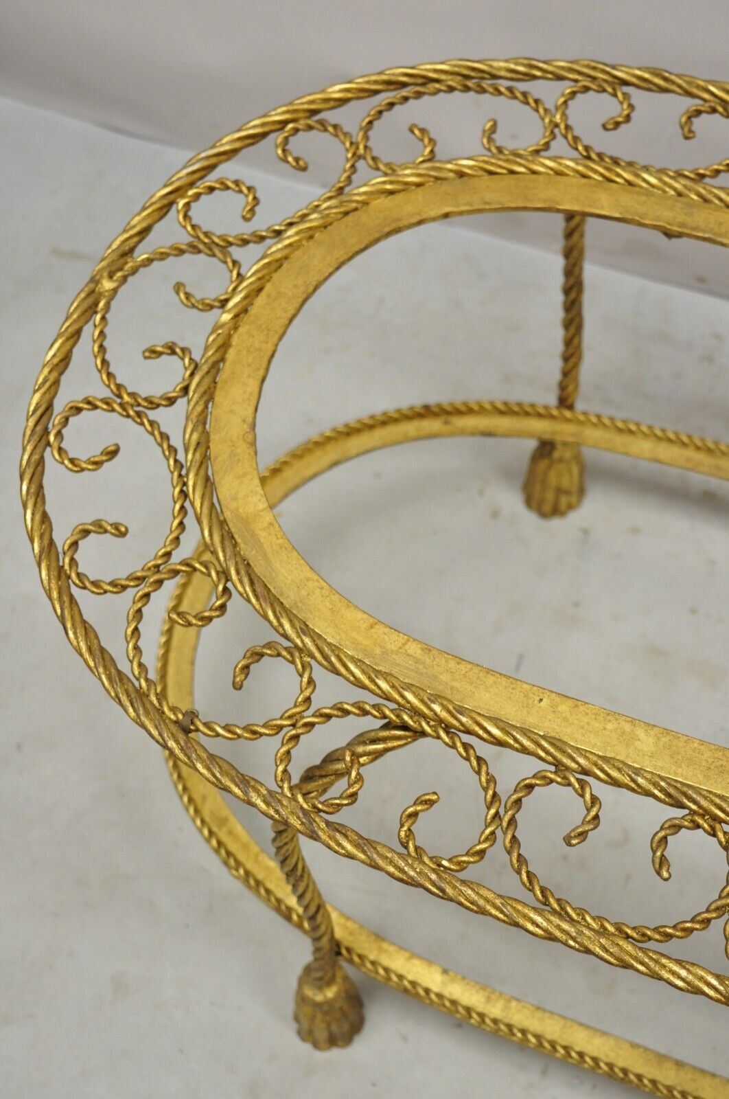 Italian Hollywood Regency Gold Gilt Iron Oval 2 Tier Rope Tassel Coffee Table