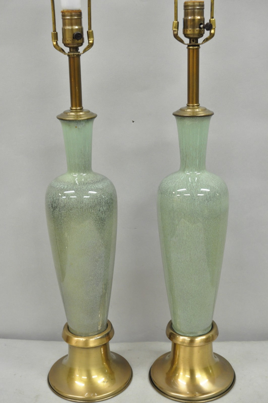 Vintage Mid Century Modern Celadon Green Porcelain Sinuous Urn Table Lamp - Pair