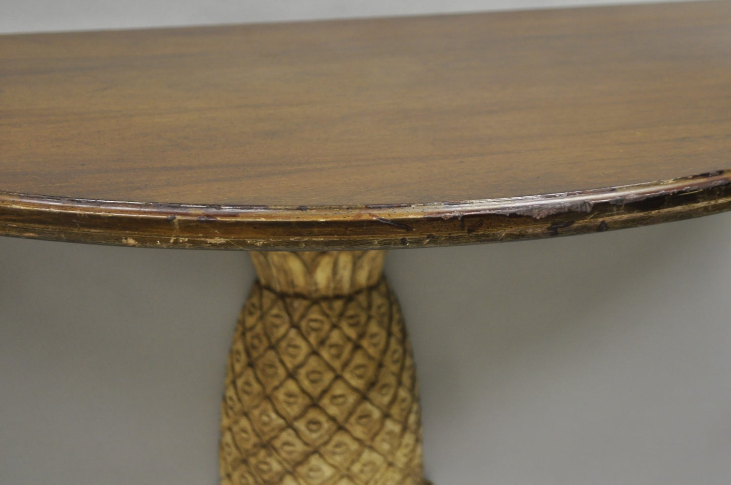 Hollywood Regency Carved Wood Pineapple Demilune Console Hall Tables - a Pair