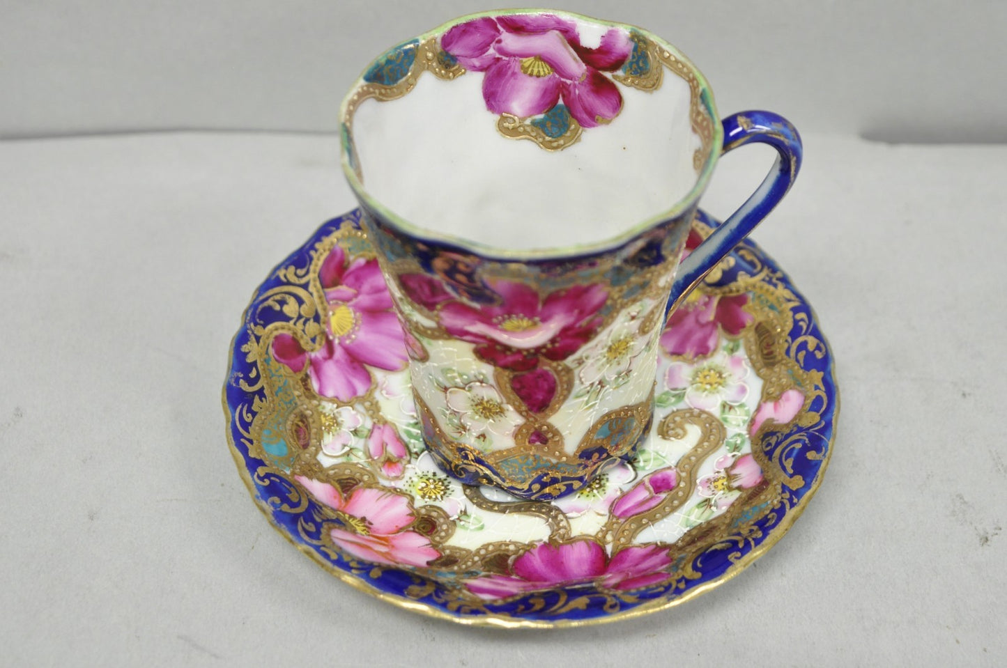 Antique Victorian Teacup & Saucer Cobalt Blue & Roses w/ Draped Gold Trim