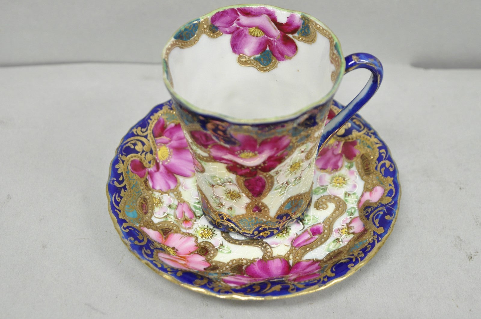 Antique Victorian Teacup & Saucer Cobalt Blue & Roses w/ Draped Gold Trim