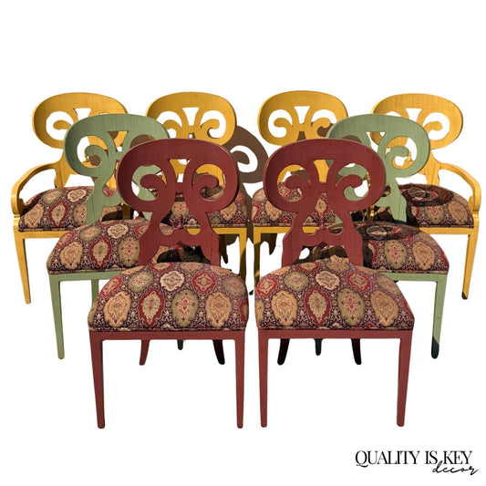 Contemporary Regency Style Red Green Yellow Scroll Back Dining Chairs - Set of 8