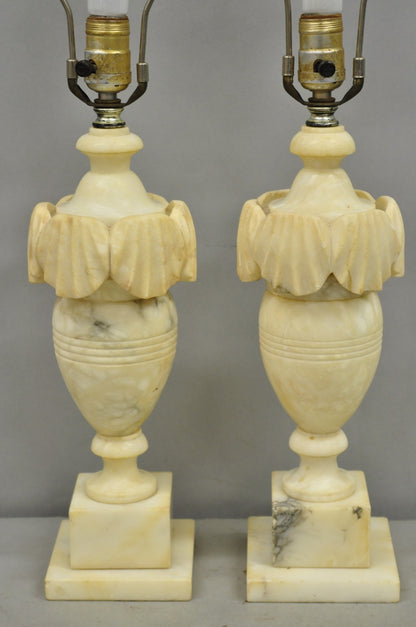 Antique Italian Neoclassical Style Carved Marble Shell Urn Table Lamps - a Pair