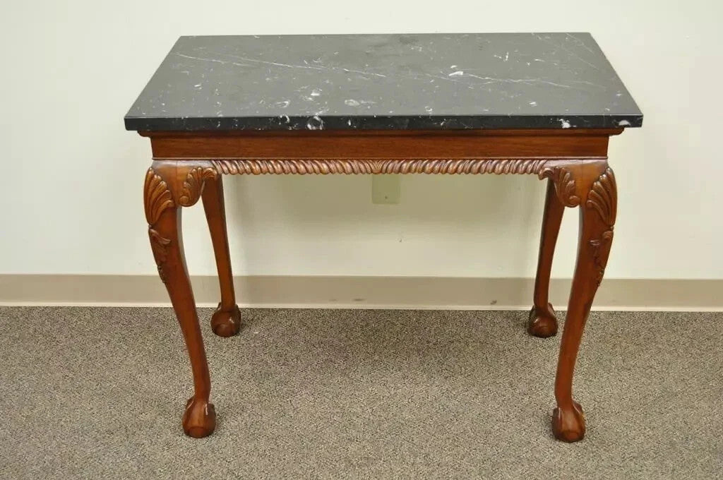 Vintage Chippendale Style Carved Mahogany Ball and Claw Marble Top Console Table