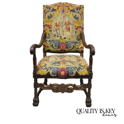 19th C. French Renaissance Needlepoint Upholstery Carved Walnut Throne Arm Chair