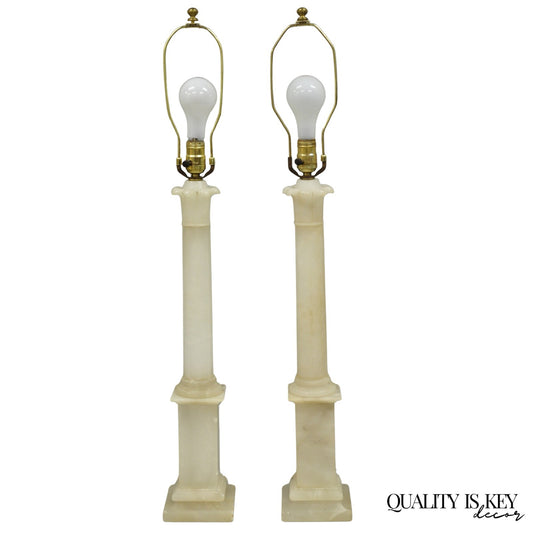 Vintage French Empire Italian Carved Alabaster Column Table Lamps - a Pair